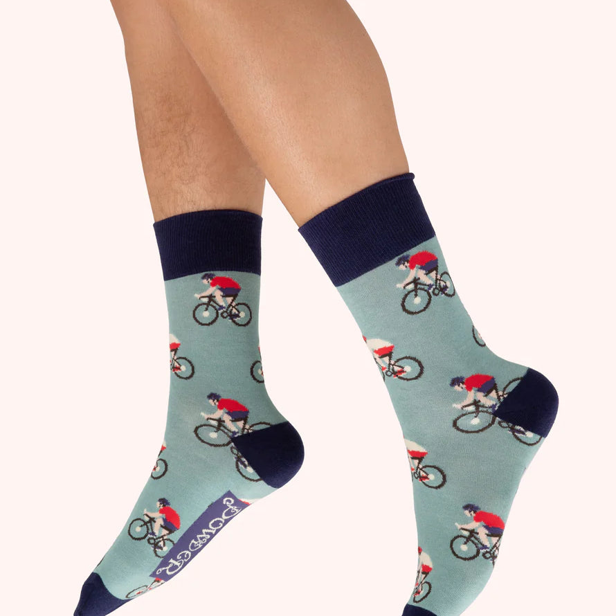 Powder men’s socks in ice blue with racing bikes pattern and navy accents