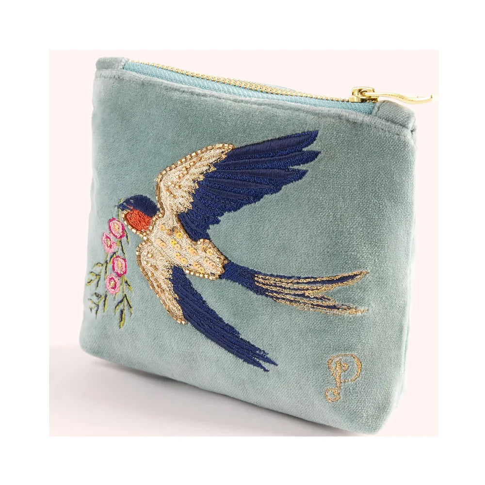 POWDER velvet mini pouch with embroidered bird and gold zip