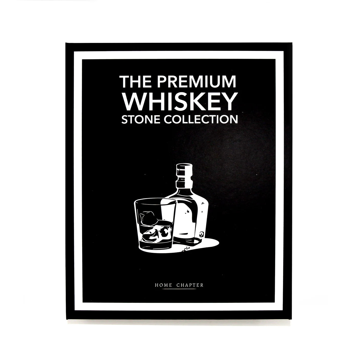 The Premium Whiskey Stone Collection Book Box packaging, stylish black gift box design for whiskey lovers