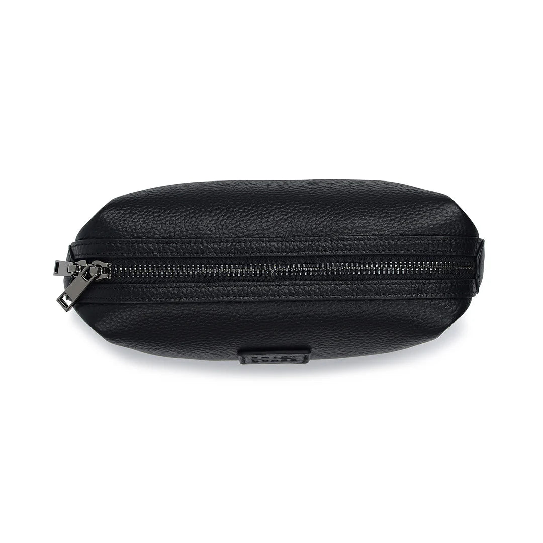 Saint Cobes Leather Travel Wash Bag top view, durable black leather dopp kit with zip fastening for travel and storage