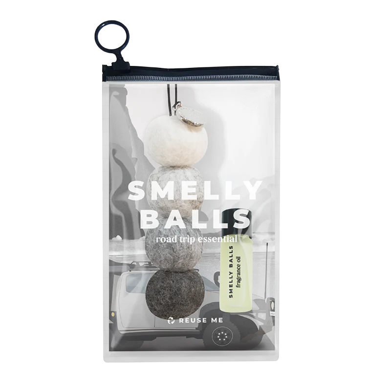 Smelly Balls Roadie Balls Set Honeysuckle – reusable car air freshener kit with felt balls in neutral tones and honeysuckle fragrance oil.