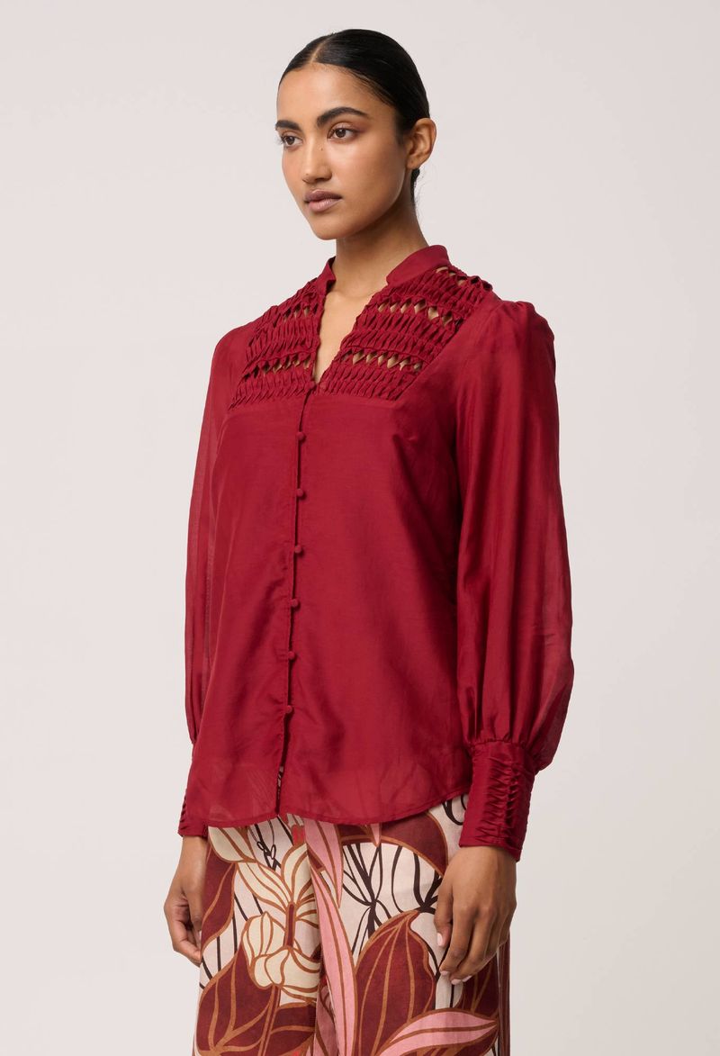 Once Was Gillian Cotton Silk Smocked Shirt in Ruby
