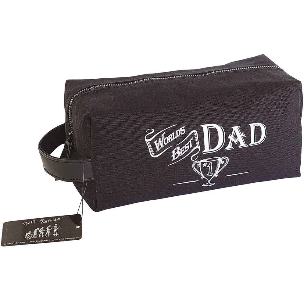 Worlds Best Dad Wash Bag, black canvas toiletry bag with zip closure and slogan print, perfect Father’s Day gift for dads