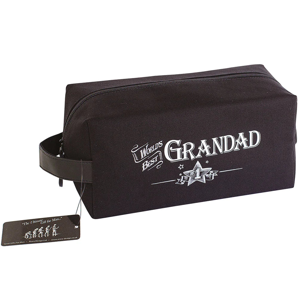 Worlds Best Grandad Wash Bag, black canvas toiletry bag with zip closure and slogan print, practical gift for grandad