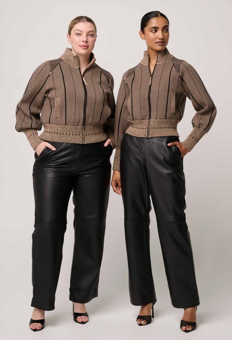 Jeanne Wool Blend Textured Knit Bomber Jacket in Tan Chevron