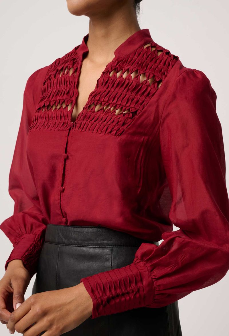 Once Was Gillian Cotton Silk Smocked Shirt in Ruby