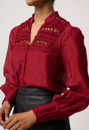 Once Was Gillian Cotton Silk Smocked Shirt in Ruby